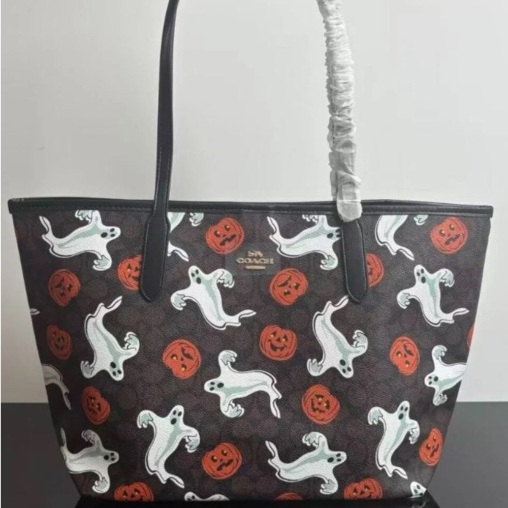 Coach Brown Tote with White Ghosts & Orange Pumpkins